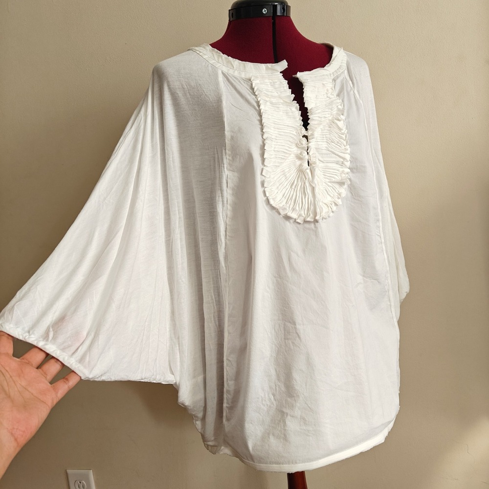 BCBGMAXAZRIA Top Blouse Tunic White Ruffle Neck Dolman Sleeve Relaxed‎ Oversized